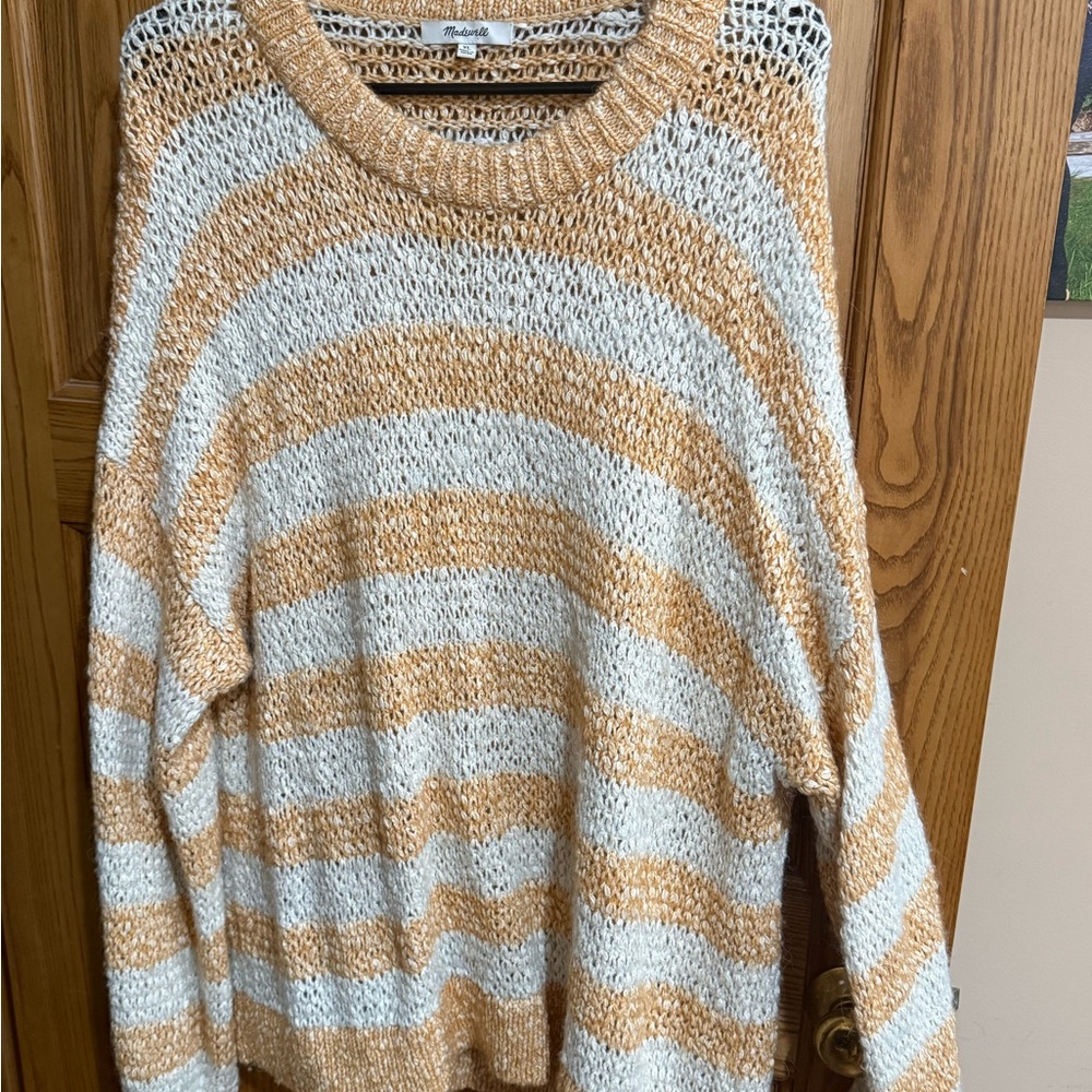 Madewell Cream and Tan Striped Crewneck Sweater